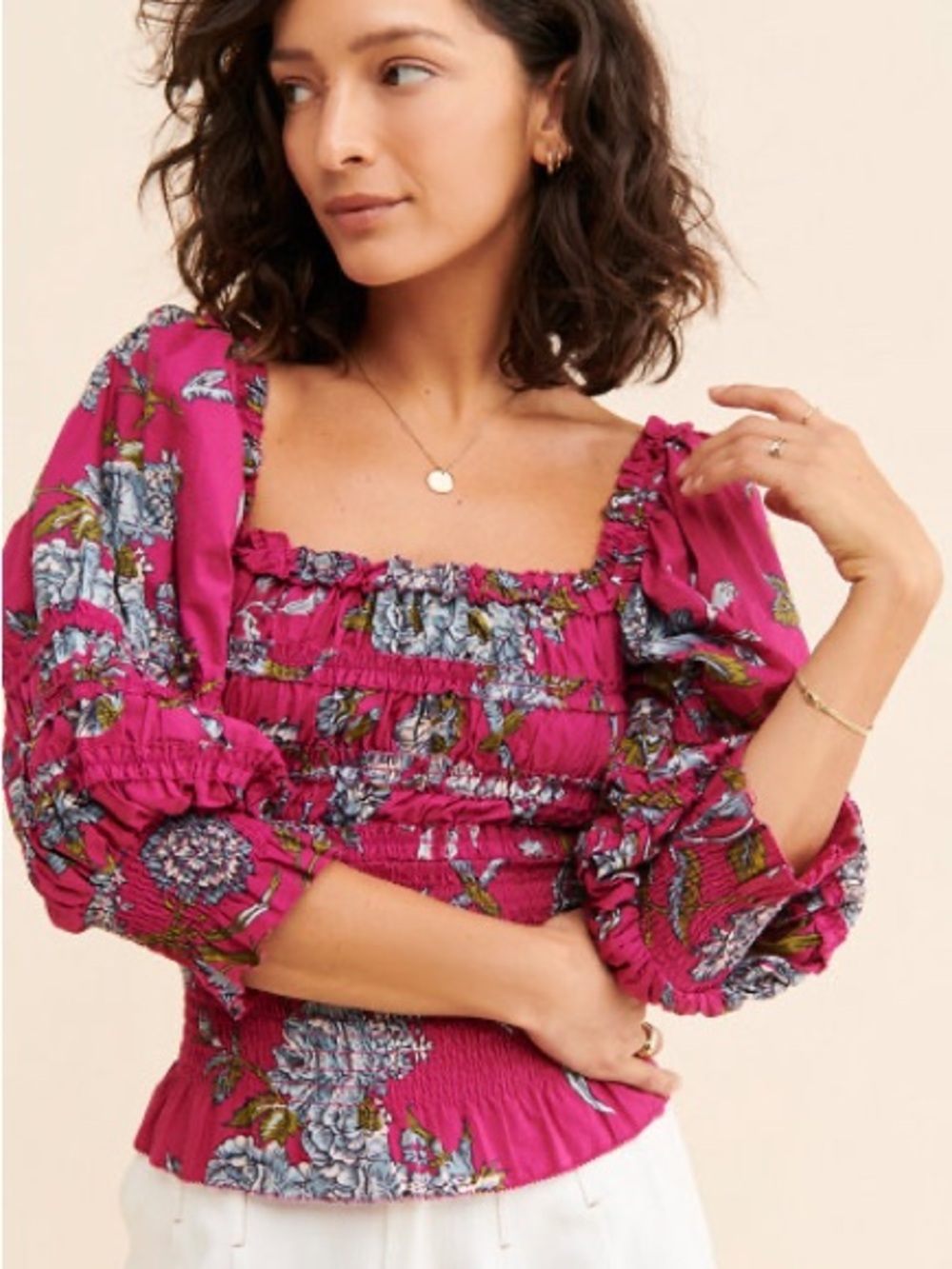 Love The Label Floral Pink Smocked Puff Sleeve Top XS
